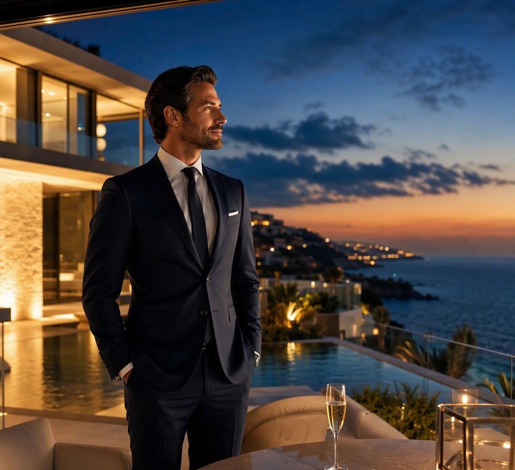 Top producteur sur la terrasse d'une villa d'exception au coucher du soleil
